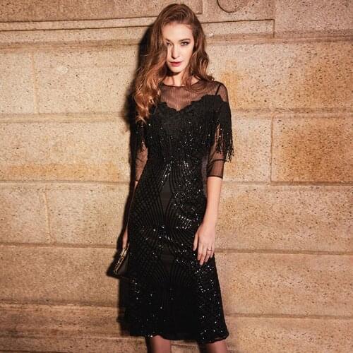 Chic Tassel Sequin Lace Black Dress New Coming See Through Half Sleeve Round Neck Geometric Feminine Midi Party Bodycon Dress