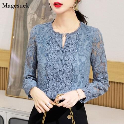 2021 Fall Elegant Lace Shirt Women Long Sleeve Knitted Floral Shirts Plus Size Blouse Women Korean Embroidery Tops Blusas 10357