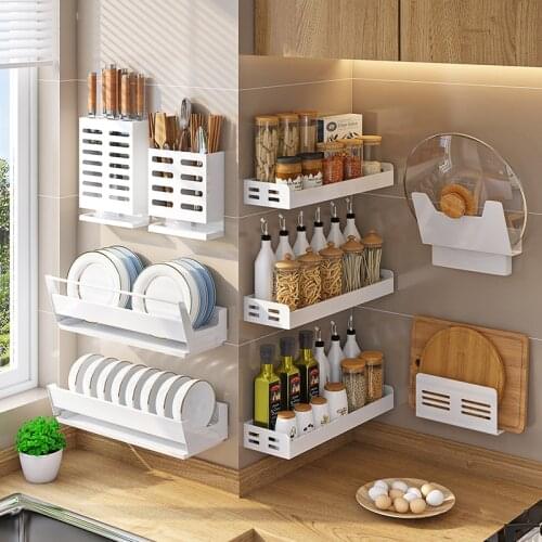 White Wall Mounted Aluminum Alloy Kitchen Storage Rack for Knives Cutlery Holder Hanging Hooks Chopping Board Lid Tool Organizer