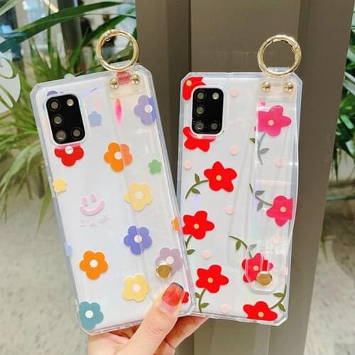 Wrist Strap Phone Case For Samsung S21 S20 Plus Ultra S20 FE A12 A31 A21S A71 A51 A50 A52 A72 Case Soft Transparent Flower Cover
