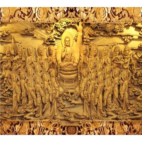Dropshipping Colomac Gold Wallpaper 3D Wooden Buddha Fresco 3d Wallpaper Murals Wall Paper Living Room Bedroom Papel Mural 3d