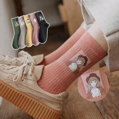 Japanese Style Mid Tube Stockings Ladies Pile Socks 1Pair Abstract Oil Painting For Women Print Long Socks Pure Color Cotton