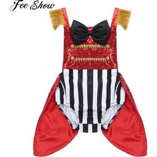 Baby Girls Sleeveless Sequins Bowknot Striped Romper Toddlers Halloween Cosplay Birthday Party Ringmaster Outfit Circus Costume
