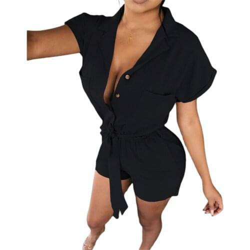 Women Turn-down Collar Button Jumpsuit Elastic Waist Overalls with Waistband Solid Short Sleeve Playsuit Cargo Pants Romper