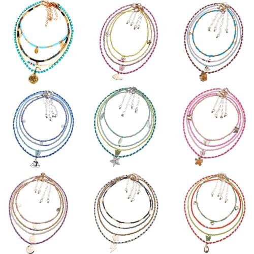 Boho Multilayer Bead Chains Pendant Necklace Fashion Beach Seed Bead Butterfly Flower Statement Necklace Women Jewelry