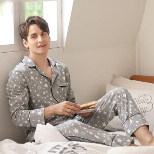 Mens Good Quality Homewear Clothes Long Sleeve Breathable Cotton Loose Sleepwear Night Suit Men Pajamas Set
