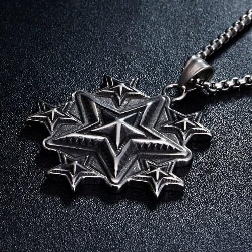Vintage Amulet Hollow Star Necklace Men Silver Color Stainless Steel Talisman Pentagram Necklaces Pendants Satan Gothic Jewelry