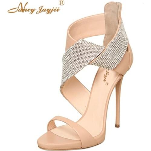 Nancyjayjii High Heels Peep Toe Sandals Women Fashion Pleather Dress&Office&Career Shoes With Rhinestone Zipper Plus Size 4-16