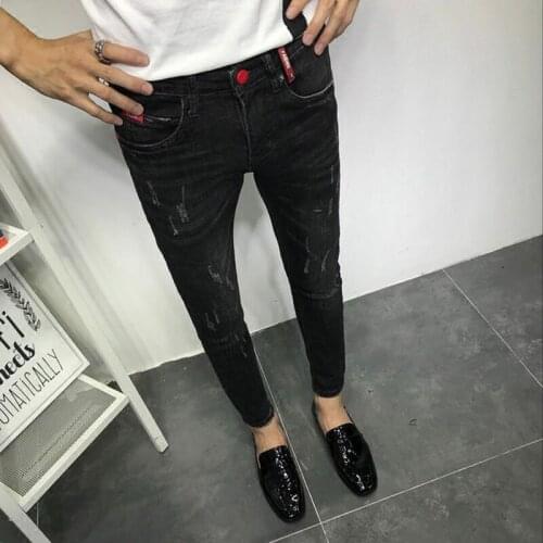 2021 New school students teenagers Guy pants mens Korean stretch hip hop Ripped hole Ankle Length leg pants pencil jeans