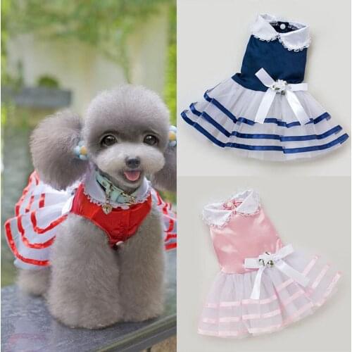1PC Pet Dog Dress Fashion Breathable Sweet Lapel Sleeveless Polyester Cute Summer Pet Mesh Stripes Bow Dog Skirt Pet Dress