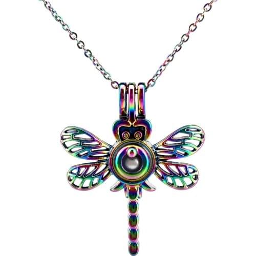 C576 Rainbow Color Copper Dragonfly Bead Pearl Cage Necklace Pendant Aroma Essential Oil Diffuser Locket Necklace