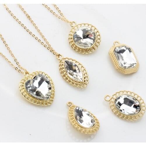 6pcs/lot Zinc Alloy Golden Crystal Glass Heart Geometry Charms For DIY Fashion Pendant Earrings Jewelry Making Accessories