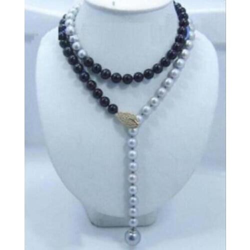 Adjustable 10-9 MM natural Round black gray pearl 35" necklace pendant