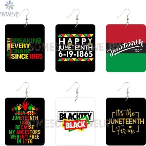SOMESOOR Happy Juneteenth Free Day Rectangle Wooden Drop Earrings Black History 1865 Printed Loops Dangle Jewelry For Women Gift