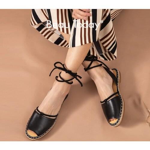 BeauToday Fisherman Shoes Women Genuine Cow Leather Flannel Rope Peep Toe lace-Up Summer Ladies Casual Flat Shoes Handmade 32197