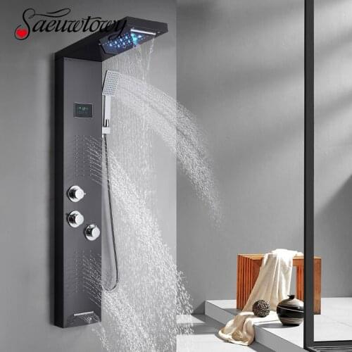 Bathroom Luxury Rain Waterfall Head Shower Panel LED Display Screen Massage Jets Waterfall Bath Tub Spout Shower Column