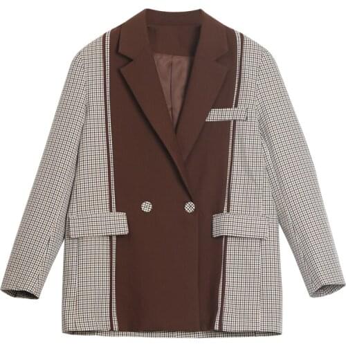 PERHAPS U Brown Plaid Patchwork Notch Collar Long Sleeve Button Pocket Loose Casual Blazer C0367
