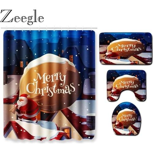 Zeegle Christmas Bath Curtain Waterproof Shower Curtain Absorbent Toilet Cover Mat Bathroom Carpet Washable Non-slip Foot Mat