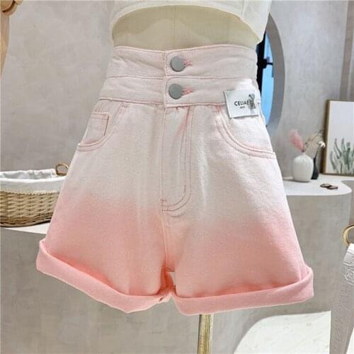 Candy Colors Hemming Gradient Jeans Women 2021 Summer High Waist Hollow Out Pockets Shorts Hot Loose Short Pants P099
