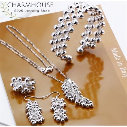 Charmhouse Pure Silver Jewellery Sets For Women Grape Ball Earrings Necklace Bangle Ring 4pcs Wedding Jewelry Accessory Bijoux
