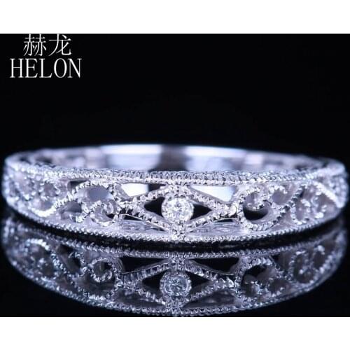 HELON Solid 14k White Gold Round SI/H Natural Diamond Engagement Ring Women Wedding Vintage Antique Trendy Jewelry Diamond Ring