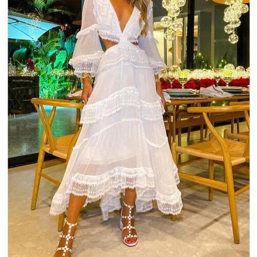 Women Long-sleeved Dress with Lace Decoration, Sexy V-neck Hollow Decoration Spring Clothing