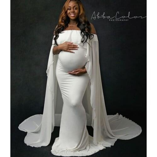 White Vintage Mermaid Chiffon Maternity Dresses Cape Off Shoulder Sweep Train Pregnant Womens Robes Photography Dress 2021