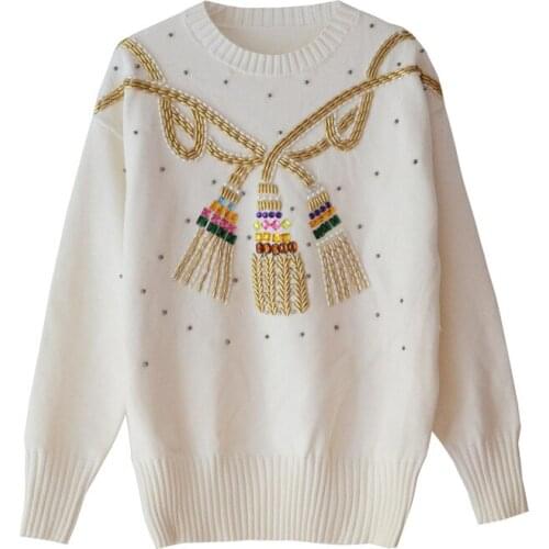 2020 Fashion Beading Patch And O-Neck Long Sleeve Autumn Sweater Pull Femme Women Beige Pullovers