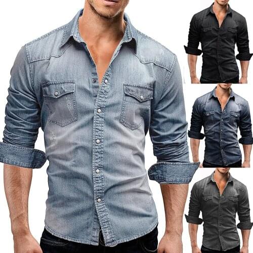 2021Mens Long Sleeve Jean Shirt, , Soft Cotton, Slim, Elastic, Cowboy Style