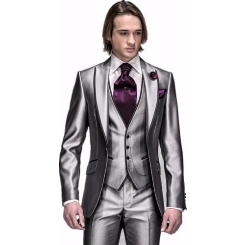 3 Pieces Silver Custme Made Fashion Men Suits Slim Fit Terno Masculino Latest Style High Quality New Arrival(JacketPantVestTie)