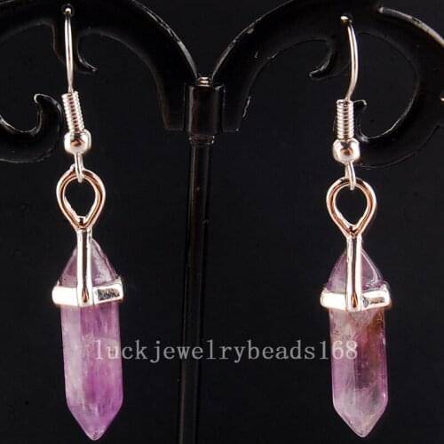 Free Shipping Women Fashion Jewelry Natural Purple Crystal Hexagonal Reiki Chakra Beads Dangle Earrings Pair C4150