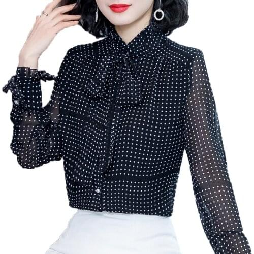 Chiffon Polka Dot Women Blouse 2021 Summer New Turtleneck Bow Neck Ruffles Long-sleeved Office Lady Elegant Pulls Outwear Tops