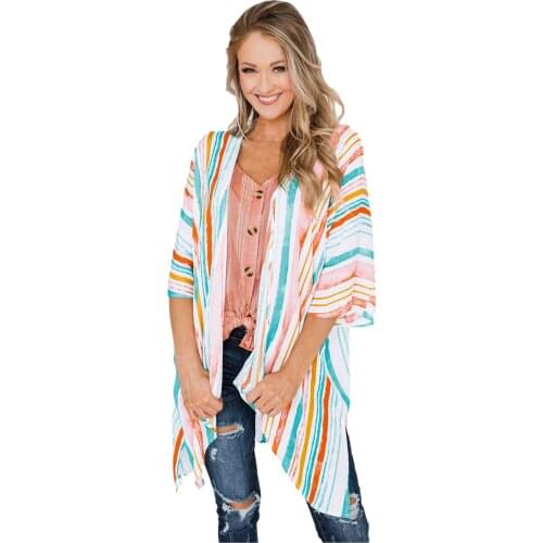 Boho 2021 Spring Summer Kimono Cardigan Stripe Loose Half Sleeve Womens Blouse Open Front Maxi Kimono Beach Women For Womens