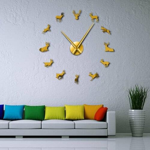 Large Size Deer Head DIY Wall Clock Modern Style Acrylic Mirror Silent Clock Living Room Home Decorative Clock