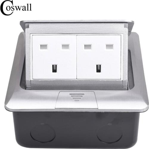 COSWALL All Aluminum Silver Thicken Panel UK British Standard Pop Up Double Floor Socket Electrical Outlet Metal Mounting Box