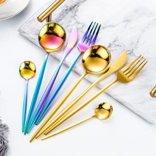 Home Dinnerware Rainbow Dinner Set Silverware Kitchen Party Dinner Tableware Set Western Knife Fork Spoon Tea Spoon Cutlery Set