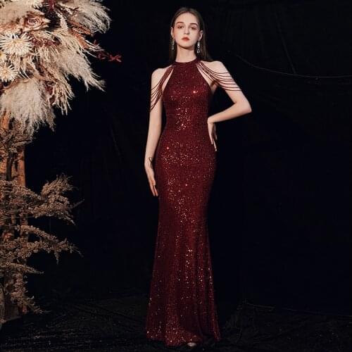 Robe De Soiree Off The Shoulder Beading Sequin Evening Dress New Style Burgundy Long Mermaid Evening Dresses Vestido De Festa