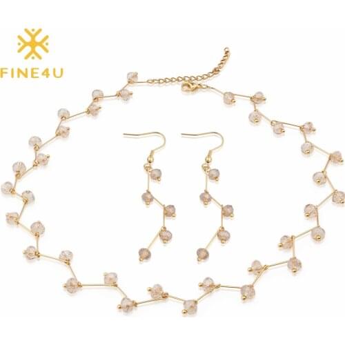 FINE4U N286 Handmade Bohemia 6mm Glass Faceted Crystal Beads Necklace Earrings Sets Stainless Steel Wedding Party Jewelry Set