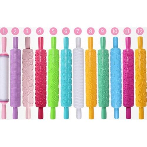 Colorful Rolling Pins Engraved Carved Plastic Embossed Rolling Pin Kitchen Decorative Mold Family DIY Cake Baking Printing Tools
