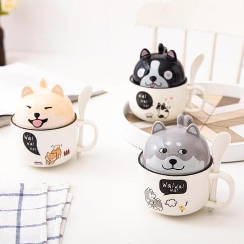 Creative Ceramic Mug with Lid Spoon Cute Dog Cat Paw Coffee Milk Tea Cup Cherry Double Ceramic Juice Transparent Pink Milk Cup