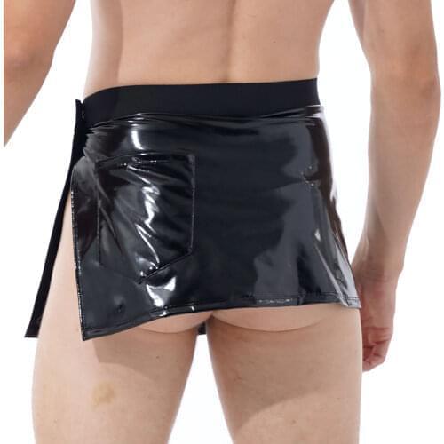 Patent Leather Men Exotic Show Pole Dancing Wet Look Skirt Adjustable Elastic Waistband Side Split Miniskirt Nightclub Stage