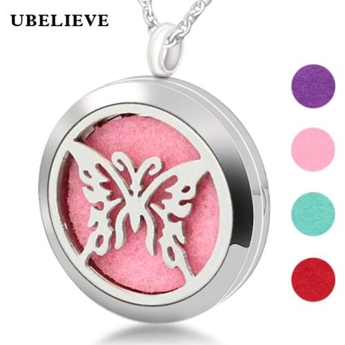 Hot Butterfly 30mm Aromatherapy Diffuser Locket Jewelry Stainless Steel Magnet Essential Oil Diffuser Necklace Pendant For Women