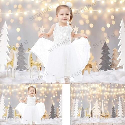 Dreamy Christmas Trees Bokeh Photography Backdrop Winter Merry Xmas Gold Spot Deer Glitter Background Kids Birthday Party Banner