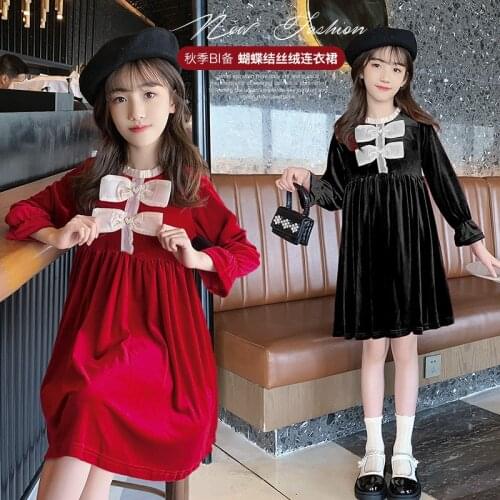 2021 Girls Dress Elegant Autumn Winter Bowtie Kids Dresses for Girl Lace Princess Costume Party Dress Children Clothing 3-12 Yrs