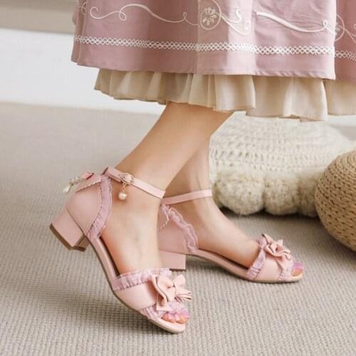QPLYXCO Women Mary Jane Sandals Sweet Bow Peep Toe Buckle Strap Cover Heel Sweet Lolita Dress Girls Shoes Size 30-43 1772