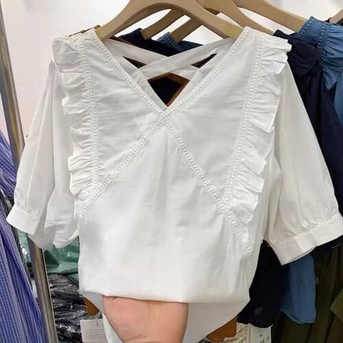Ruffle Patchwork Age-reducing Puff Sleeve Shirt Female Summer Top Korean French White Shirt Cross V Neck Lady Tops Women Blouse