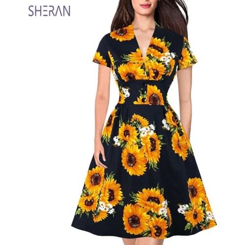 SHERAN Sunflower Floral V Neck Pocket Retro Robe Slim Elegant Party Dress Women Plus Size Button Cotton Pinup Vintage Dresses