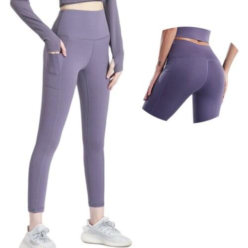 High Waist Gym Pants with Pocket Nylon Stretch Black Sports Leggings Blue Yoga Pants Peach Buttock Tights Purple