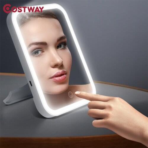 COSTWAY 3Gears Luminance Makeup Mirror LED Cosmetic Mirror Touch Dimmer Switch USB Charging For Tabletop Bathroom Bedroom Travel