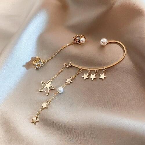 Temperament goddess pearl tassel ear bone clip earrings asymmetric long five-pointed star earrings